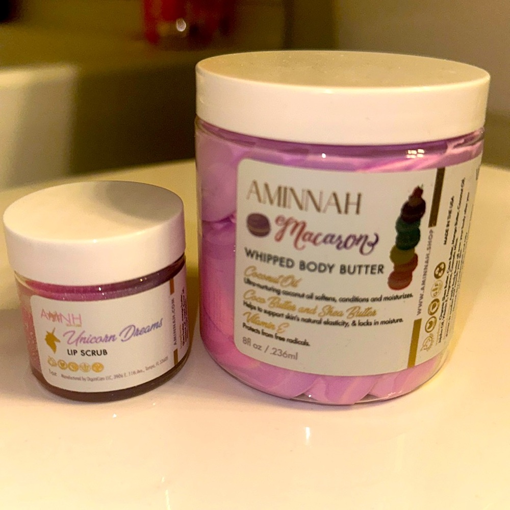 💕AMINNAH Whipped Macaron Body Butter & Unicorn Dreams Lip Scrub💕